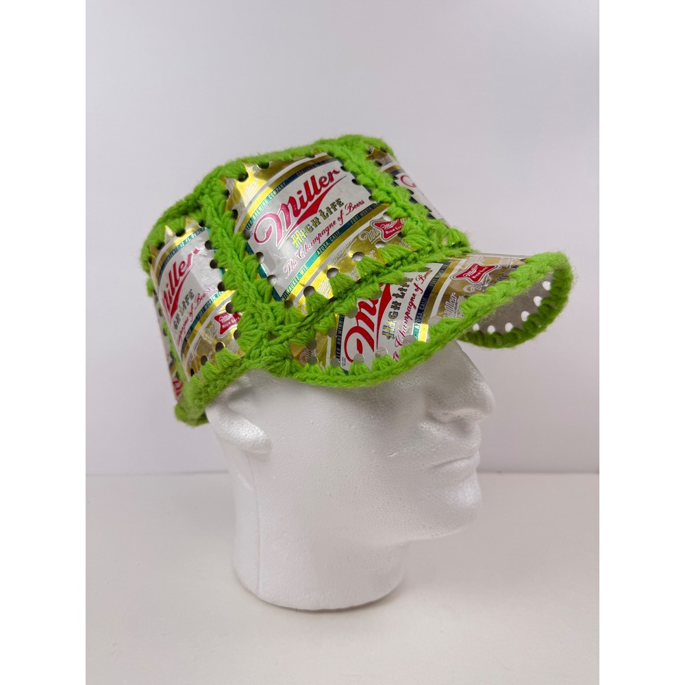 Vintage Miller High Life Beer Can Hat Crochet Lime Green Handmade Retro Kitsch